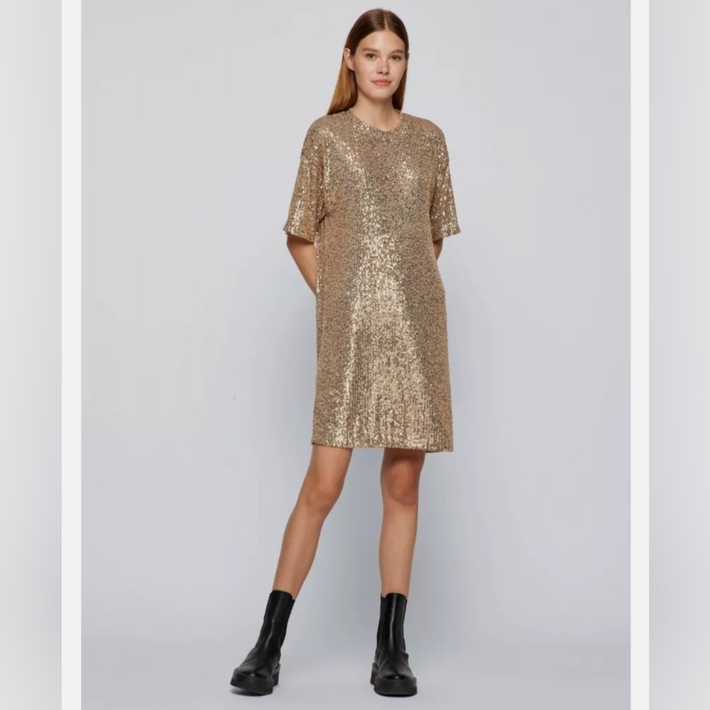 NWT Boss by Hugo Boss C Esenni Gold Sequin Shift Dress